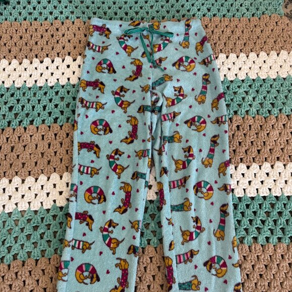 Teal Blue Weiner Dog Doxi Dashound Fleece PJ Pajama Lounge Pants Womans sz Small - Picture 1 of 3